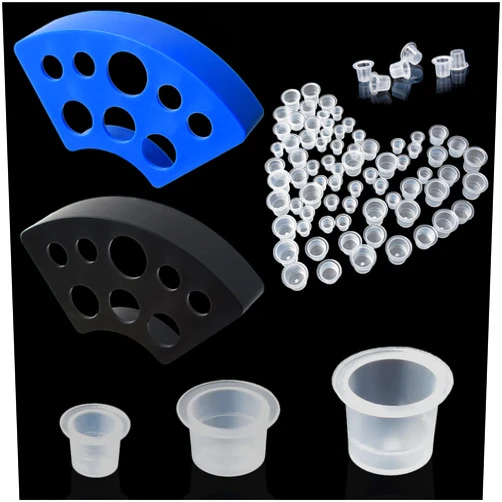 Yuronam 302PCS Tatoo Ink Caps Kit, Include 300 Tatoo Ink Cups Mixed Size and 2 Ink Cap Holder for Tatoo Ink Tatoo Accessory Tatoo Supplies