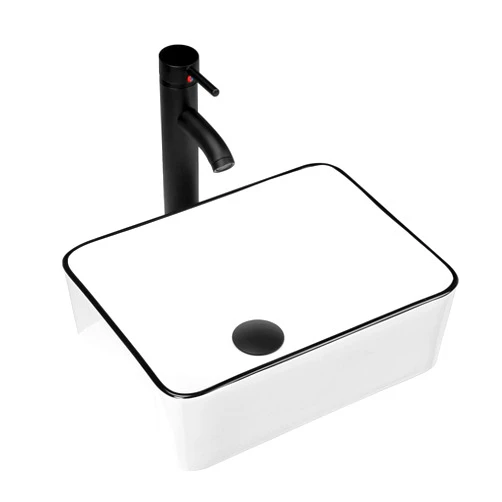 KSWIN Ceramic Rectangular Bathroom Vessel Sink, 16'' x 12'' Above Counter Porcelain Small Sink with Faucet Combo, White Body with Black Trim on The Top