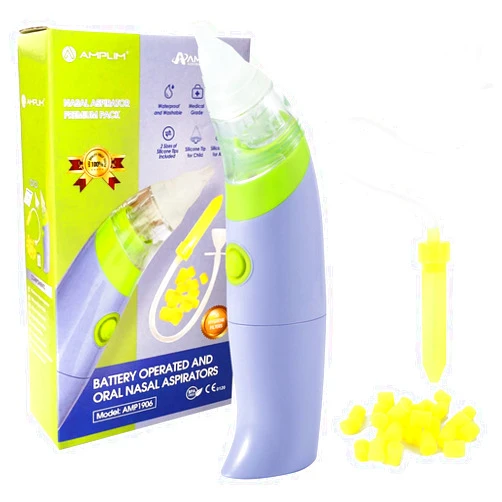 Amplim Battery Operated Baby Nasal Aspirator with Manual Aspirator and 30 Hygiene Filters, FSA HSA, AMP1906, Blue