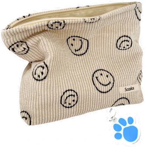 EMMiuss Cosmetic Bags, Corduroy Organizer Bag for Womens Girls Aesthetic Make up Bag Cute Smile Toiletry Bag Handbags Pouches for Purses Storage Portable MakeupTravel Bag Case