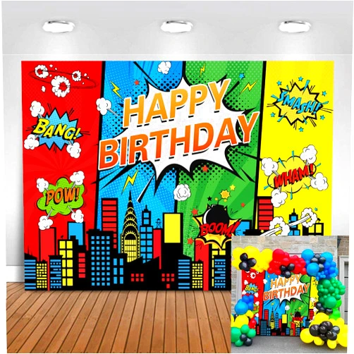 MAYSUN 7X5FT Cartoon Superhero Theme Background Super City Comic Skyline Happy Birthday Party Decorations for Childrens Boys Birthday Cityscape Super Heros Photography Backdrop