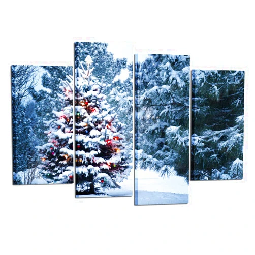 KREATIVE ARTS 4 Pieces Christmas Tree Canvas Print Snowy Winter Forest Pine Trees Scene Pictures Wall Art Giclee Artwork Gallery Wrapped Ready to Hang for Bedroom Walls Gift Idea L47xH32inch