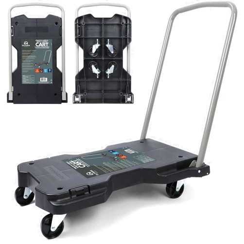 Olympia Tools Fully Folded Resin Push Cart Dolly - 330 Lb. Loading Capacity Foldable Moving Platform Cart Hand Truck - Black Collapsible Heavy Duty Folding & Rolling Flatbed Cart with 4 Swivel Wheels