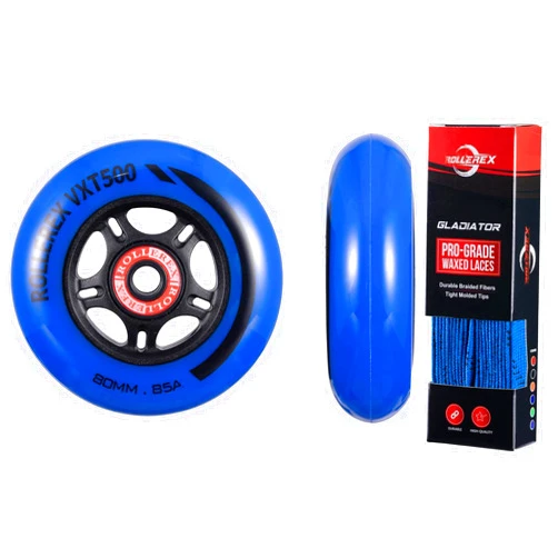 Rollerex VXT500 RipStik/Inline Skate Wheels (2-Pack w/Bearings, spacers and washers) (Deep Sea Blue, 72mm) Gladiator Waxed Skate Laces (Deep Sea Blue, 72