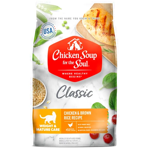 Chicken Soup for the Soul Pet Food Classic Dry Weight & Mature Adult Cat Food, Chicken & Brown Rice Recipe, 13.5 Pound Bag | Soy, Corn & Wheat Free, No Artificial Flavors or Preservatives