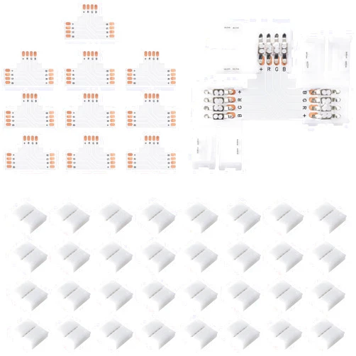 JACKYLED T Shape 4-Pin LED Connectors 10-Pack 10mm Wide Unwired Solderless Gapless Adapter Connectors Terminal Extension 12V 72W with 32pcs Clips for 5050 3528 SMD RGB LED Strip Lights