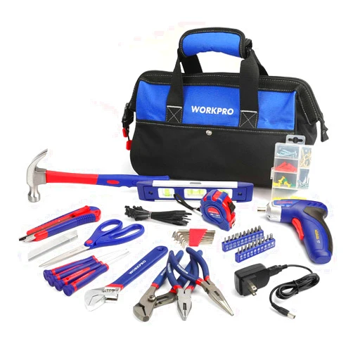 WORKPRO 125-Piece Household Tool Kit – 3.6V Rechargeable Screwdriver & Home Repair Basic Tool Set With 13-Inch Easy Carrying Tools Bag, 125 PCS (W009068A)