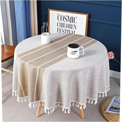 KAYSUN Rustic Table Clothes for Round Tables 55x55‘’ Coffee, Waterproof Tassel Tablecloth, Linen Burlap Wrinkle Free Outdoor Table Cover Embedded Table Runner for Parties, Kitchen, Dinning, Picnic