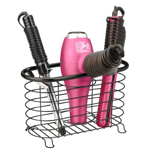 mDesign Metal Wire Hair Care & Styling Tool Organizer Holder Basket - Bathroom Vanity Countertop Storage Container for Hair Dryer, Flat Irons, Curling Wands, Hair Straighteners - Black
