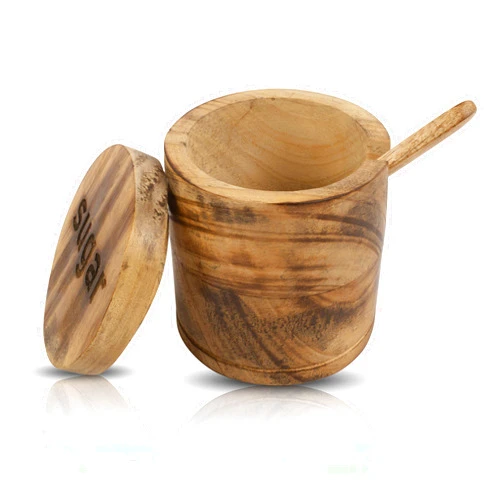 The Great Indian Bazaar Decorative Rustic Wooden Sugar Seasonings Bowl Box Cellar Keeper With Lid & Spoon Wide Mouth Herb Spice Jar Holder Serving Bowl Pantryware Serverware Loose Tea Storage Container Novelty Home & Kitchen