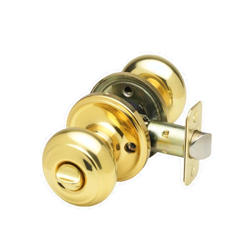 Copper Creek Polished Brass Door Knobs - Round Colonial Knob with Privacy Locking Function for Home Improvement, 1 Pack - Fits All Standard Doors - Locking Door Knob for Bedroom and Bathroom Use