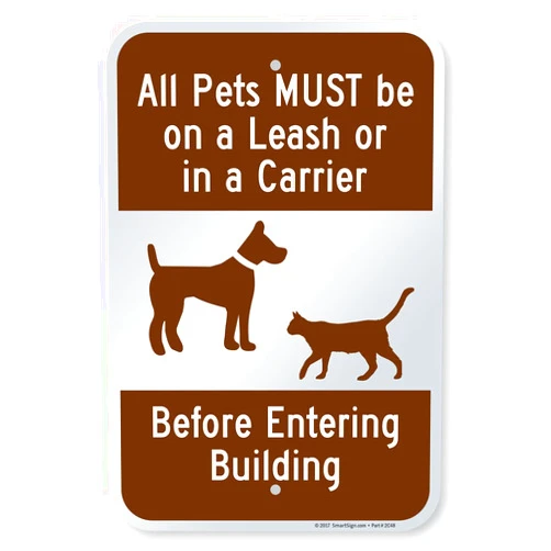 SmartSign 18 x 12 inch “All Pets Must Be On Leash Or In A Carrier” Metal Sign, 63 mil Laminated Rustproof Aluminum, Brown and White