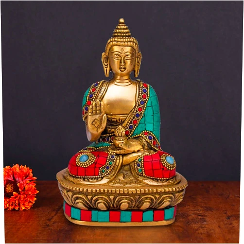 ARTVARKO Buddha Statue Blessing Brass with Multicolor Stone Handwork Home Décor Entrance Office Table Living Room Meditation Luck Gift Feng Shui Height 7 Inch Standard Multicolour