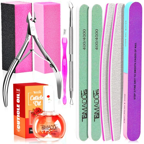 TsMADDTs Manicure Tools Kit Nail Care Kit with 3 pcs Files, 2 pcs Buffer Blocks, 2 Polishing Buffers, Cuticle Nipper, Pusher and Cuticle Oil