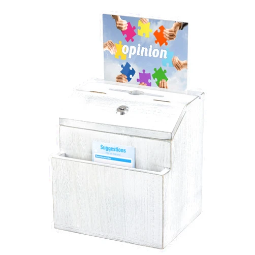 KYODOLED Wood Suggestion Box with Lock, Rustic White Ballot Box Donation Box, Key Drop Box with Acrylic Sign Holder and 30 Free Suggestion Cards, Wall Mounted or Freestanding, 9H x 6.9W x 8.5L Inch
