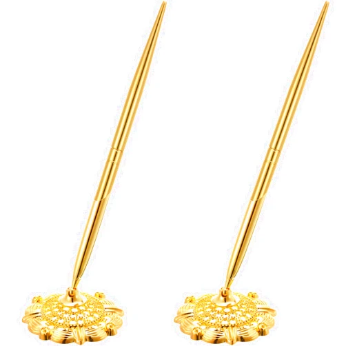 Outus 2 Pieces Wedding Pens for Guest Book Signing Pen with Metal Hollow Round Holder Stand Set for Wedding Bridal Engagement Reception Supplies(Gold)