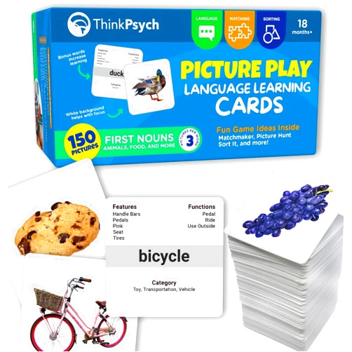 ThinkPsych First Nouns Picture Play Cards | Award Winning | 4 Fun Games & 150 Picture Cards for Speech Development | Autism and Speech Therapy Materials | Best Flash Cards for Toddlers and Homeschool