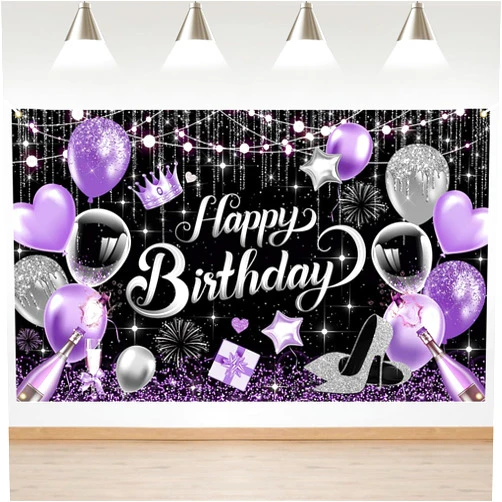 Mocsicka Purple Birthday Backdrop for Woman Glitter Sliver Purple Happy Birthday Party Banner Decorations Women Girl Birthday Party Home Decor 70.8 * 43.3 inch