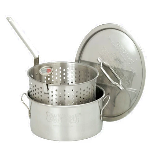 Bayou Classic 1101 10-qt Stainless Steel Fry Pot Perfect For Frying Fish Shrimp Chicken Hushpuppies and Fries Includes Stainless Steel Perforated Basket 5-in Frying Thermometer and Stainless Lid