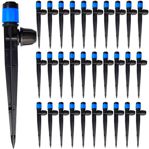 GXXMEI 30PCS Drip Irrigation Emitters with Stake, 360°Adjustable Fan Sprayer Water Flow Lock Barbed Dripper for 1/4