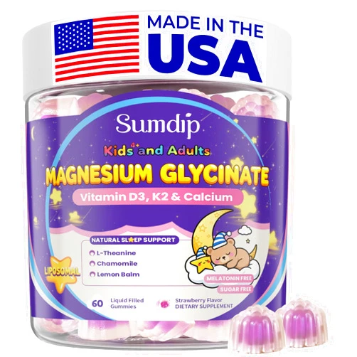 SumDIP Magnesium Glycinate Gummies 400mg for Kids and Adults - Liposomal Magnesium Supplement with D3, K2 and Calcium for Sleep, Calm and Bones, Melatonin-Free, Sugar-Free, Strawberry Flavor, 60 Gummies