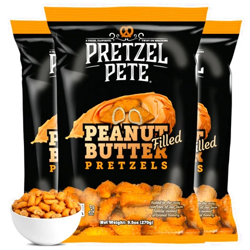 Pretzel Pete Peanut Butter Filled Pretzel Nuggets, Non-GMO Ingredients, Small Batch, 9.5oz (3 Pack)