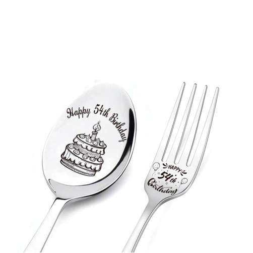 VWALK Happy 54th Birthday Spoon&Fork Gifts Engraved Spoon&Fork Personalized Birthday Gifts for Father Mother Grandpa Grandma Family Elders Friends