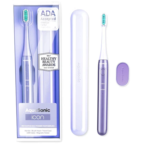 Aquasonic Icon ADA-Accepted Rechargeable Toothbrush | Magnetic Holder & Slim Travel Case | 2 Brushing Modes & Smart Timers | Gentle Micro-Vibrations (Lilac)
