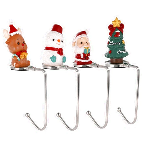 Houdezhu Christmas Stocking Hangers for Mantel Set of 4，Christmas Stocking Holders for Fireplace Reindeer Xmas Tree Snowman Santa Mantel Hooks Stocking Hanger for Christmas Party Decoration