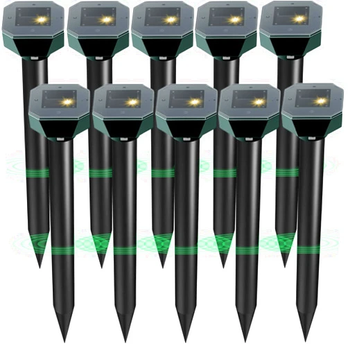 Cvtayn Snake & Mole & Rabbit & Skunk Repellent Solar Powered, Upgraded Ultrasonic Deterrent, IP65 Waterproof, Gopher Groundhog Chipmunk Raccoon and Vole Repellent & Deterrent for Lawn & Garden, 10 Pack