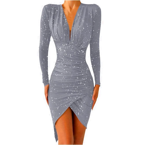 8QIDA Women Sexy Deep V-Neck Dresses Long Sleeve Irregular-Hem Dress Dinner Party Elegant Dress Banquet Womens Dresses