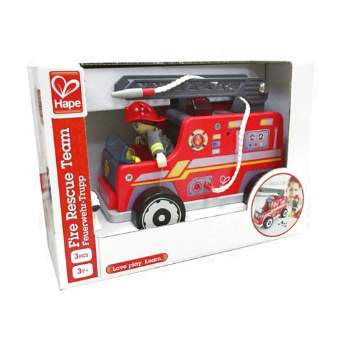 Hape Fire Truck Playset| Wooden Fire Engine Toy with Action Figure & Rescue Dog Multicolor, L: 7.9, W: 4.6, H: 5.9 inch