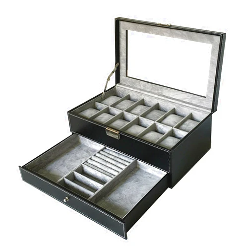 Sodynee Watch Box Large 12 Mens Black Pu Leather Display Glass Top with Jewelry Box Case Organizer Tray