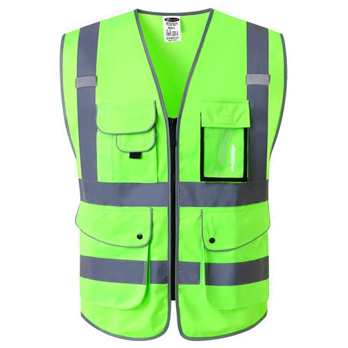 JKSafety 9 Pockets Class 2 High Visibility Zipper Front Safety Vest With Reflective Strips, Meets ANSI/ISEA Standards (Large, 150-Green)