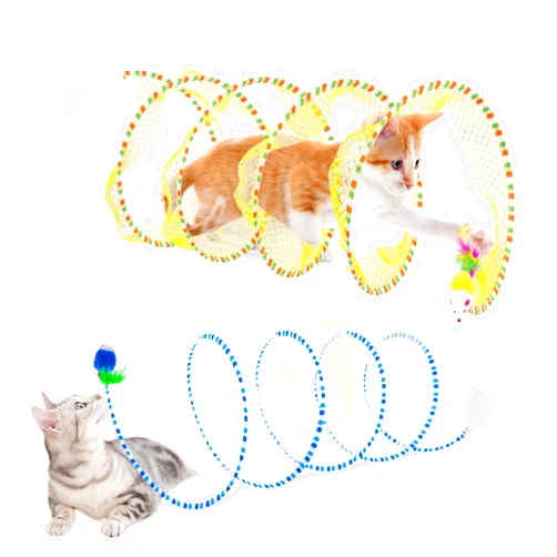 LELEAN 2 Pcs Cat Tunnels for Indoor Cats - S Type Foldable Cat Spiral Tunnel Toy, Decompression Interactive Self-Play Cat Hunting Spiral Tunnel Toy with Ribbon Bell Feather Balls Blue, Blue+Yellow