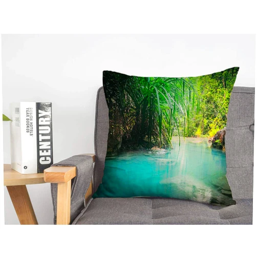 Staroden Decorative Throw Pillow Cover Southeast Jungle Flowing Turquoise Streaming Water Erawan Nature Design Nobody River Color Sunny Linen Cozy Square Cushion Case for Couch Bed Living Room 18 x 18 Inch