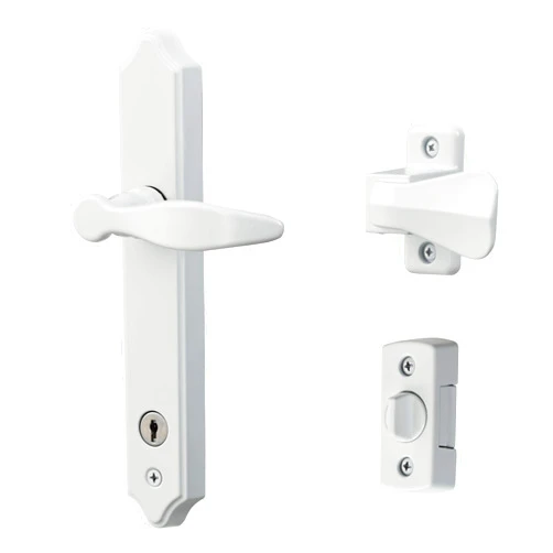 Ideal Security BK1215W ML Lever Set for Storm Doors and Screen Doors with Keyed Deadbolt Lock, 2-Posts with Tie-Down Screw, Surface Mount Handle, White