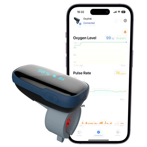 Vibeat Oxylink Wearable Blood Oxygen Monitor - Bluetooth Oxygen Meter Finger Pulse Oximeter with Audio Reminder, Rechargeable O2 Meter for Continuous Tracking with Free App, FSA/HSA Eligible