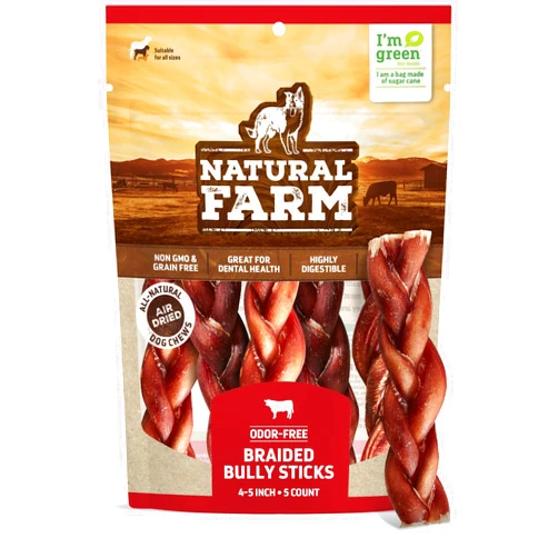 Natural Farm Odor-Free Braided Bully Sticks (4-5 Inch, 5 Pack) - 100% Grass-Fed Beef, Grain-Free, Low Fat & Fully Digestible Best Dental Treats, Safest Long Lasting Pizzle Chews to Keep Your Dog Busy