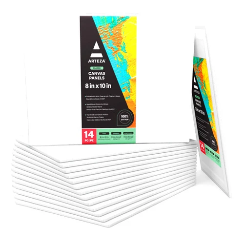 ARTEZA Canvas Boards for Painting, 8 x 10 Inches, Pack of 14, Blank White Canvas Panels for Acrylic, Oil and Gouache Painting