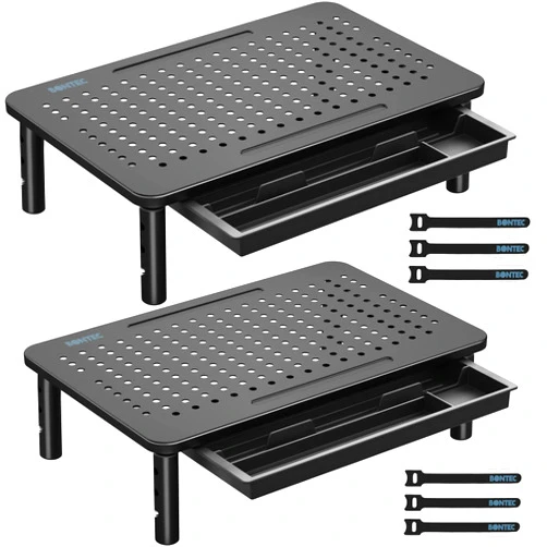 BONTEC 2 Pack Monitor Stand Riser with Drawer, 3 Height Adjustable PC Monitor Riser for Desk with Mesh Platform for Laptop, Computer, iMac, PC, Printer up to 44LBS/20KG, Cable Ties Included