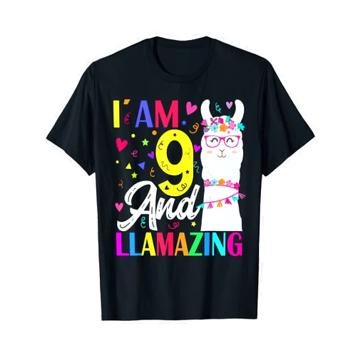 Funny Llama Birthday Gifts For Kids I Am 9 Years Old And Llamazing Llama 9th Birthday T-Shirt