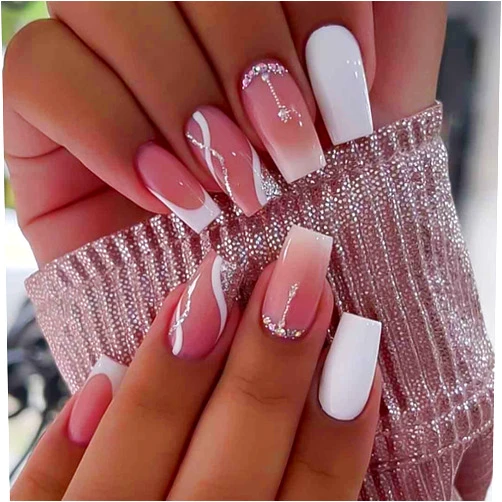 RikView Brand White Long Coffin Acrylic Press-on Nails, 24 PCS Ballerina Shaped, Glossy Finish, Full Well Tips, French Tips for Women and Girls