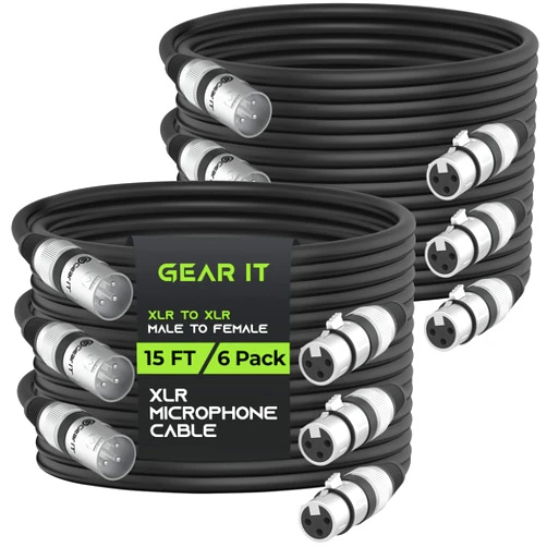 GearIT XLR to XLR Microphone Cable (15 Feet, 6-Pack) XLR Male to Female Mic Cable 3-Pin Balanced Shielded XLR Cable for Mic Mixer, Recording Studio, Podcast - Black, 15ft, 6 Pack