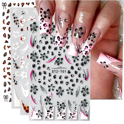 BSBTBZ Leopard Print Nail Art Sticker Nail Decals 3D Self-Adhesive French Lines Nail Tip Hibiscus Flower Lace Floral Petals Nail Art Design Gel Polish Slider Decal Nail Charm for Manicure Decoration 4Sheets