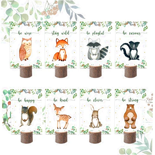 Aysimple 16Pcs Woodland Centerpieces and Wooden Stands, Woodland Animal Baby Shower for Table Decorations, Wild Forest Themed Birthday Party Centerpiece for Boys Kids