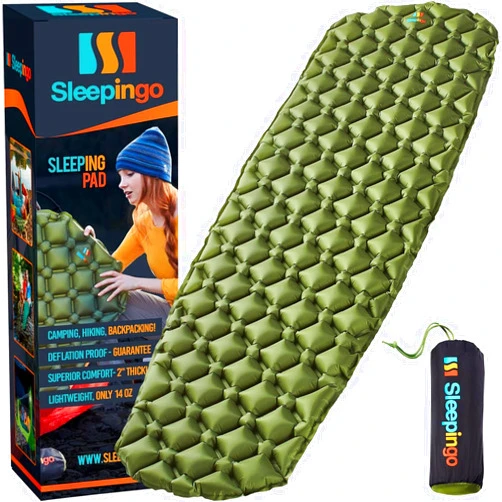 Sleepingo Sleeping Pad for Camping - Ultralight Sleeping Mat for Camping, Backpacking, Hiking - Lightweight, Inflatable Air Mattress - Compact Camping Mats for Sleeping- Green, 1pk