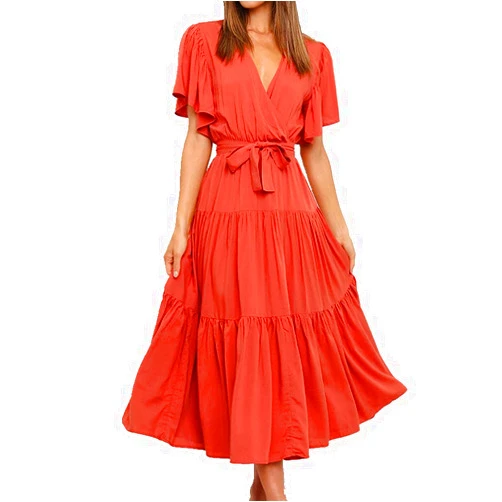 N\P Spring Summer Women's Short-Sleeved Dress Long Skirt Big Swing Skirt Red X-Large