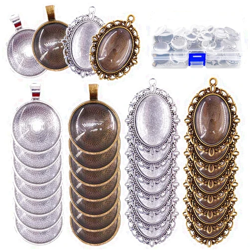 Glarks 64-Pieces Pendant Set, 16Pcs Oval Pendant Trays and 16Pcs Round Bezels with 32Pcs Glass Cabochon Round Clear Dome Tiles for Crafting DIY Jewelry Making