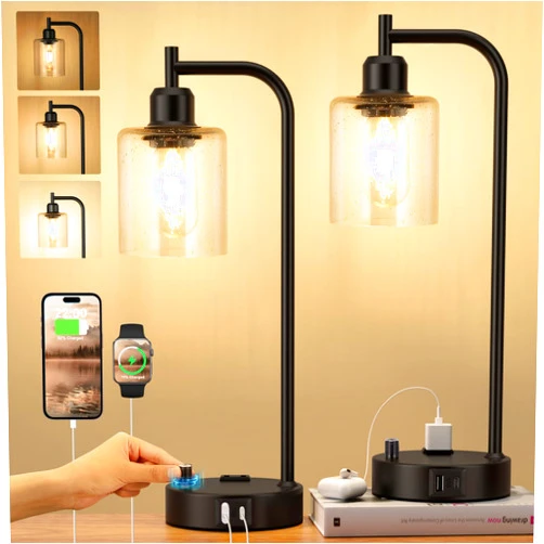 Innqoo Industrial Table Lamps for Bedrooms Set of 2 - Fully Dimmable Bedside Lamps with USB A and C Ports and Outlet, Black Nightstand Lamps with Glass Shade for Living Room, Desk Lamps for Office Reading